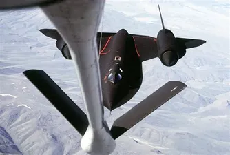 SR-71 Blackbird from above front in flight refueling